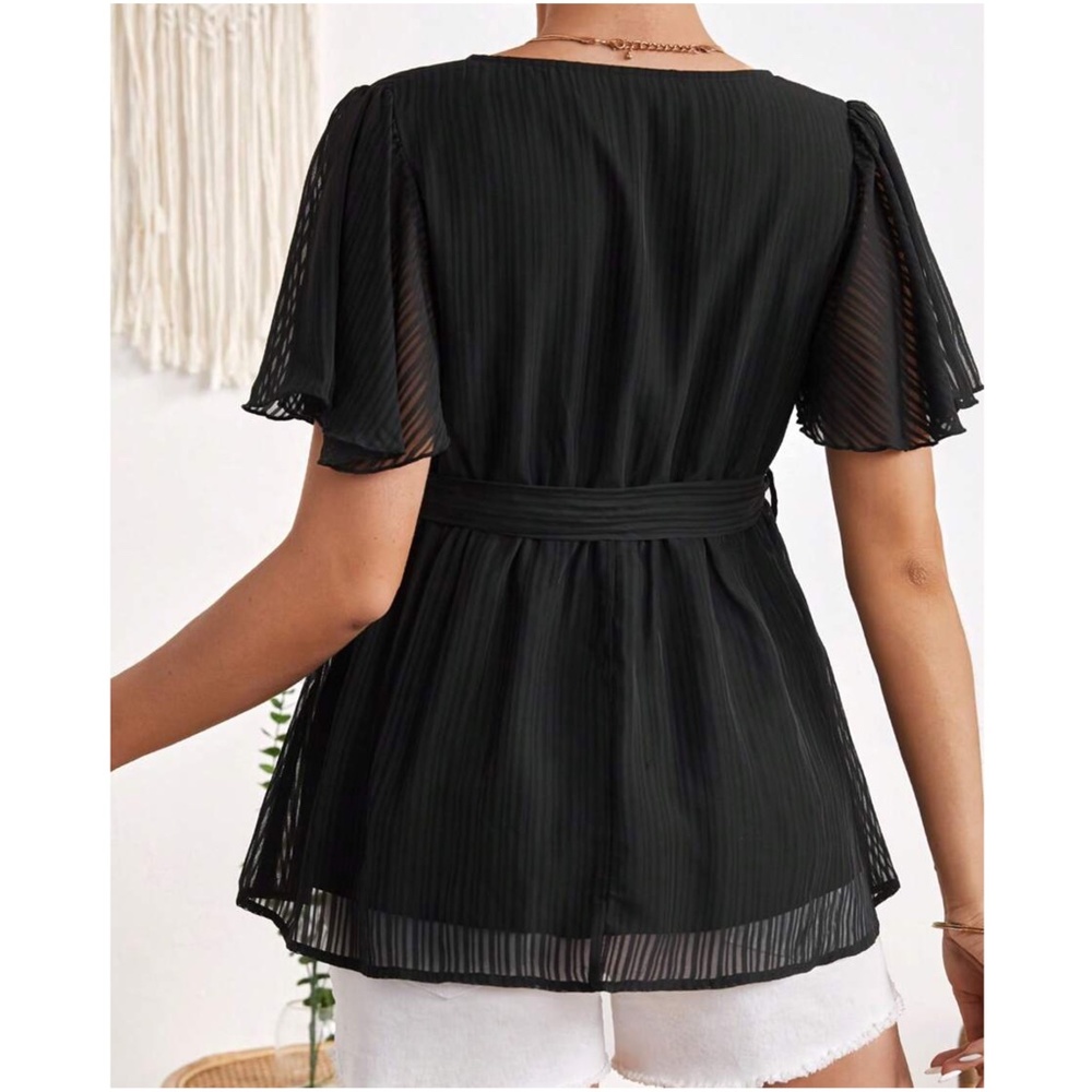 Maternity Butterfly Sleeve Belted Peplum Blouse - Picture 7 of 7